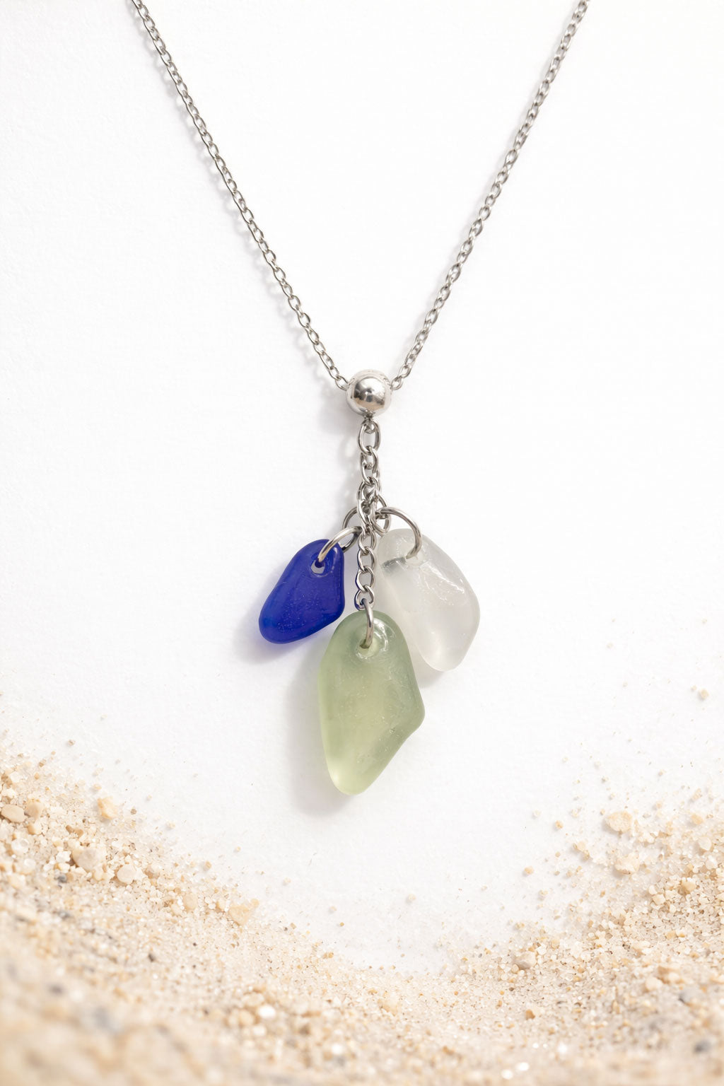 Genuine Sea Glass Triple Drop Necklace – Blue, White & Soft Green | One of a Kind