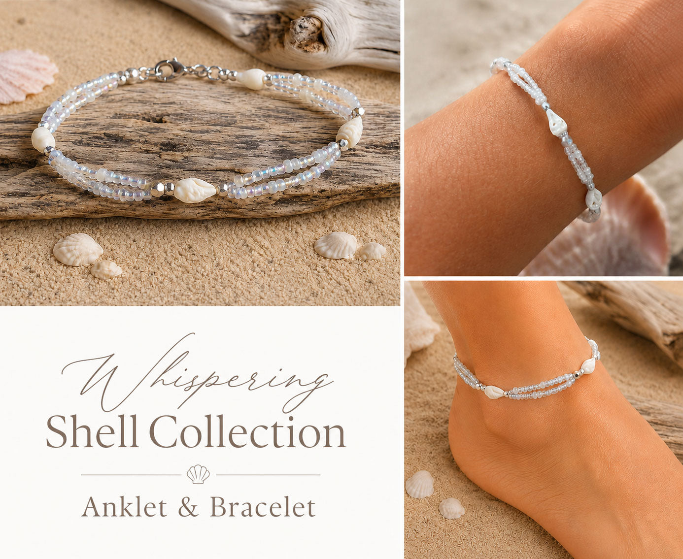 Whispering Shell Bracelet and Anklet handmade in Grenada with natural shells, seed beads and stainless steel accents