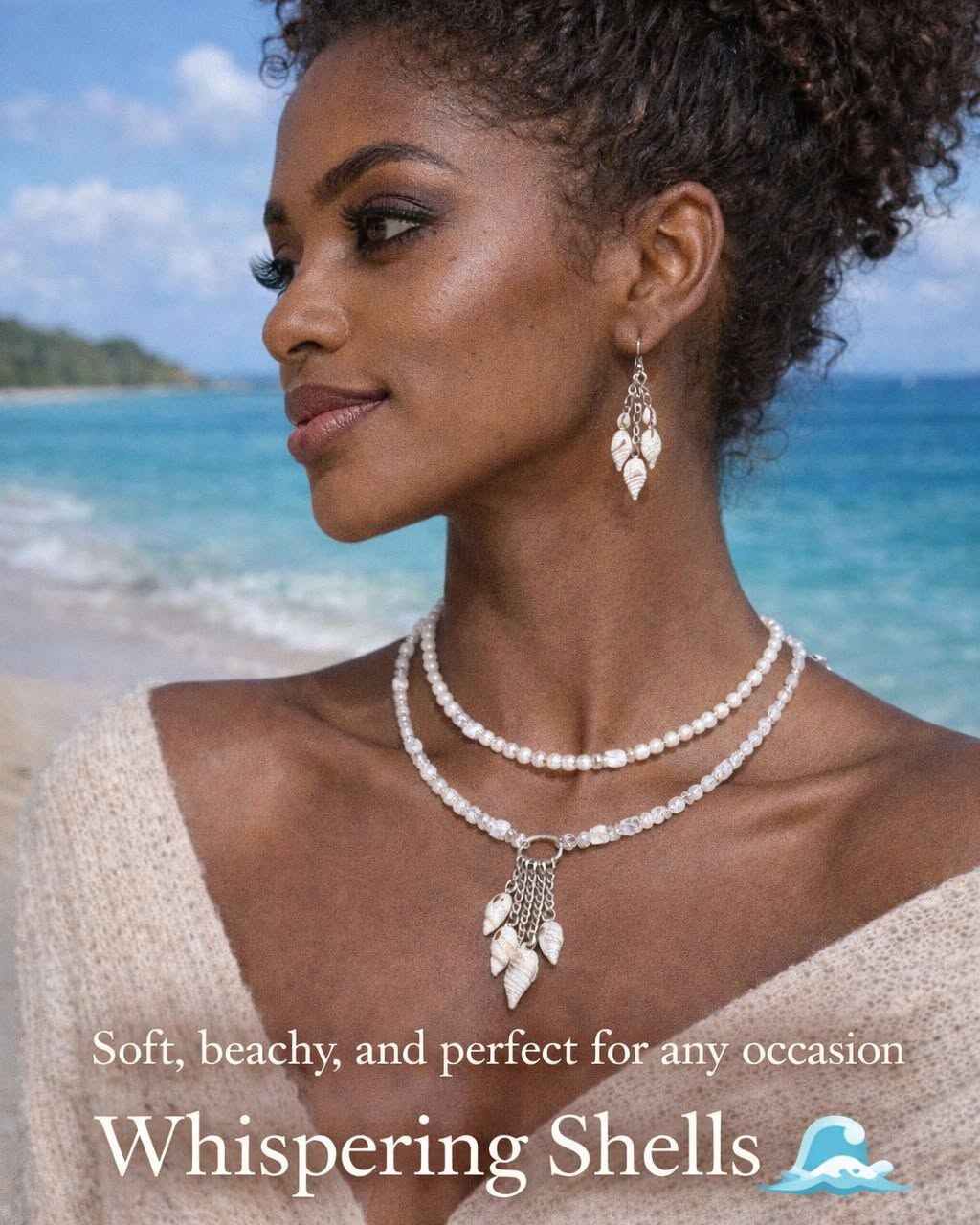 Woman wearing a necklace and earrings with a beach background, featuring 'Whispering Shells' jewelry.
