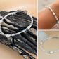 Collage of a beaded bracelet on wood, worn on wrist, and close-up on beige background.