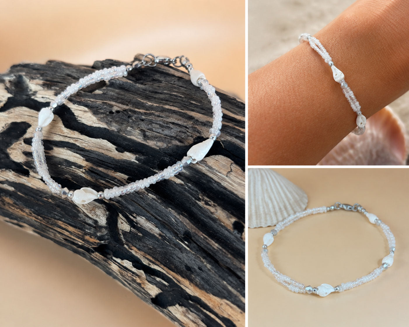 Collage of a beaded bracelet on wood, worn on wrist, and close-up on beige background.